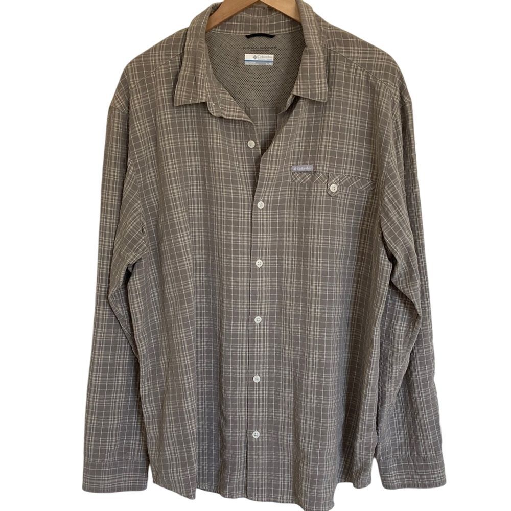 Columbia Mens XL Omni-Shade Plaid‎ Long Sleeve Button Down Shirt Taupe Gray